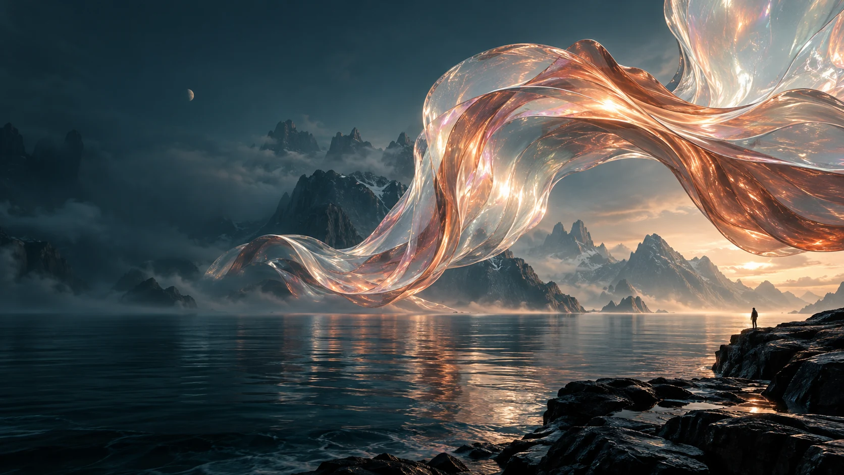 Meddioo — an iridescent glass ribbon floating over a cinematic ocean landscape